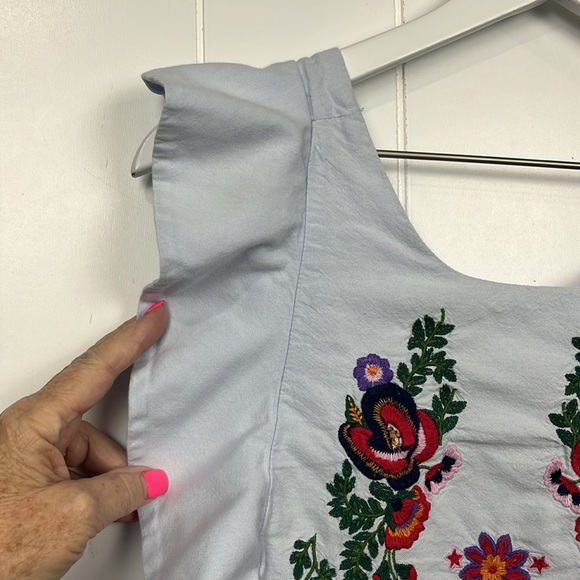 Zara Trafaluc Collection Mini Dress S Baby Blue Button Down back Embroidery EUC - Picture 3 of 13